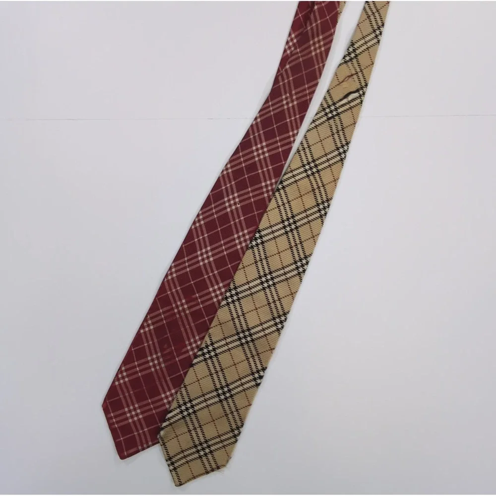 Burberry Mens Neckties Lot 2 OS Tan Red Nova Check Silk AS IS Craft Repair
